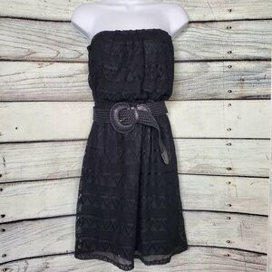 Vanity Women’s Black Strapless Crochet Overlay Dress w/ Belt Size M